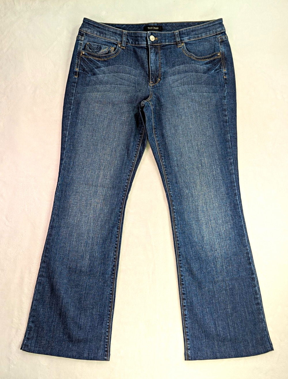 White House Black Market Blanc Bootcut Jeans 12R Blue Embroidered Pockets WHBM